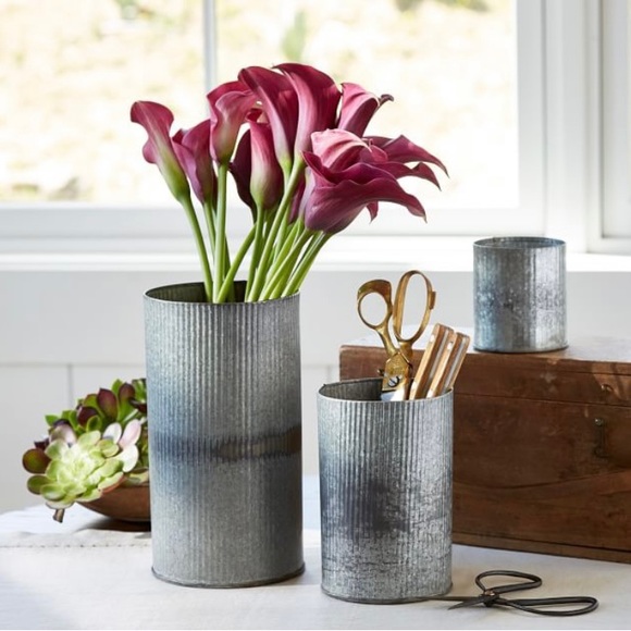 Pottery Barn Corrugated Steel Vessels, galvanized steel, small vases, set of 2 - Picture 1 of 2